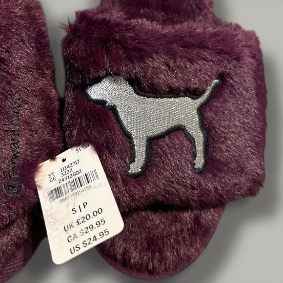 Victoria’s Secret PINK Fuzzy Slide Slippers – Purple – Silver Dog Logo – Size S/ - Picture 9 of 10